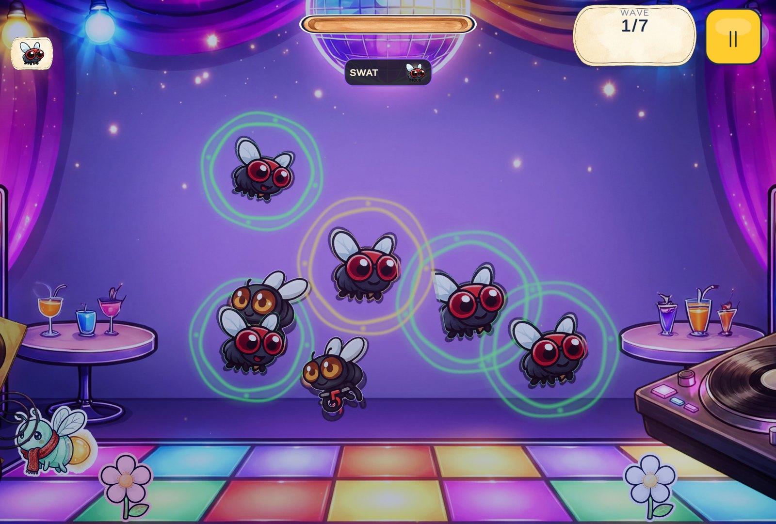 Muzzzca gameplay — disco level with cartoon flies and green target rings